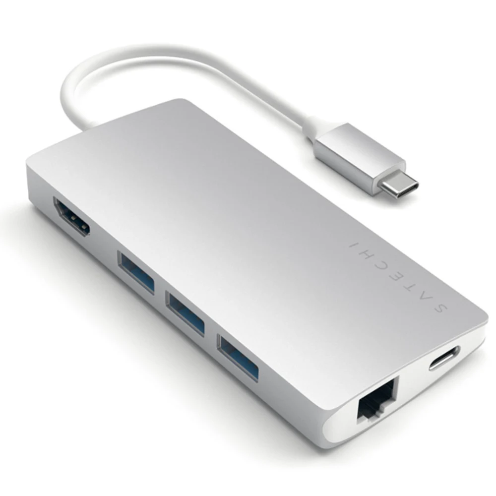 USB-концентратор Satechi Aluminum Multi-Port Adapter V2. Интерфейс USB-C. 3 порта USB 3.0, 1 порт 4K HDMI, 1 порт Ethernet RJ-45, SD/micro-SD кардридер. Цвет серебряный.