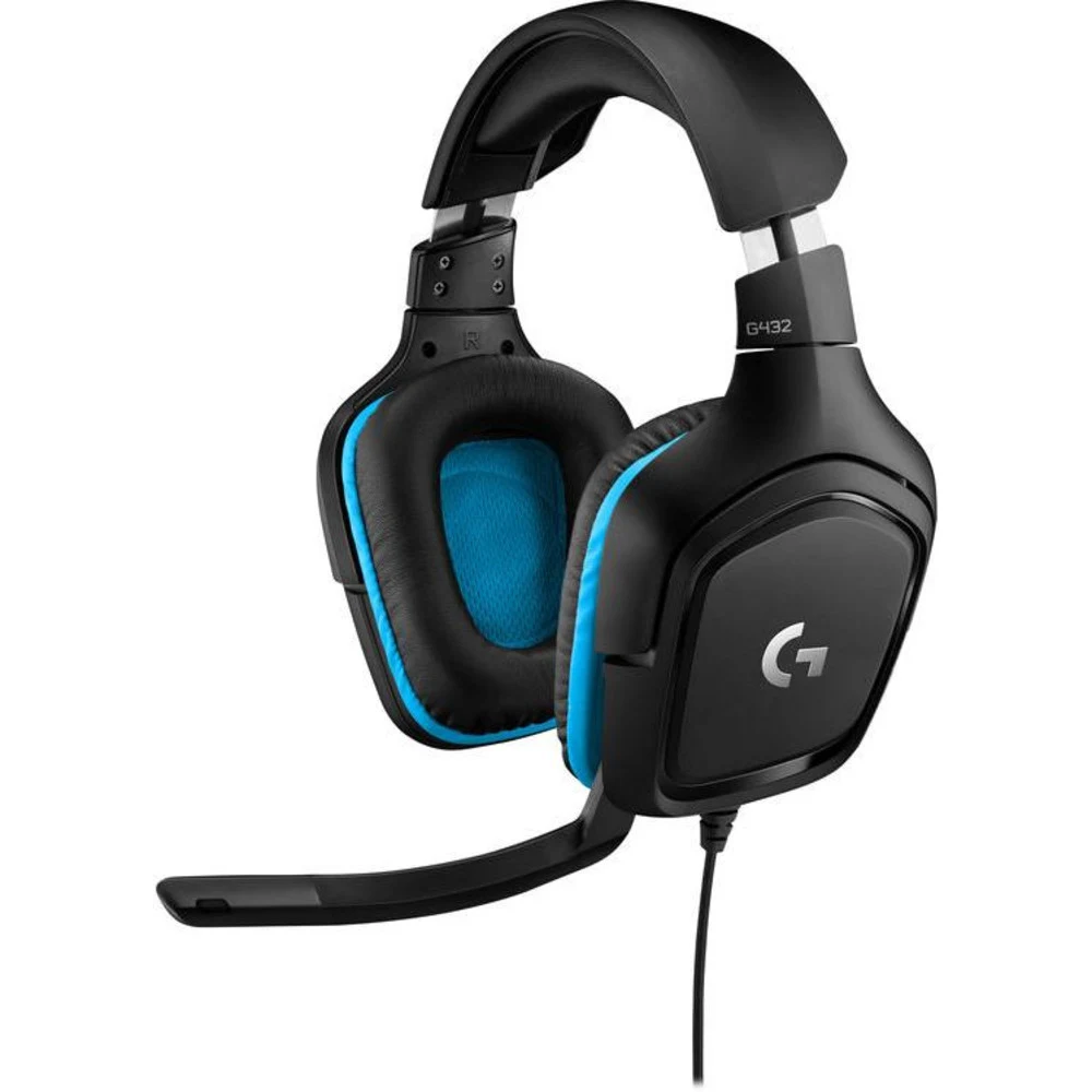 Гарнитура игровая Logitech G432 [981-000770] черная, проводная, объемный звук 7.1, накладной тип, дифузоры 50мм 20 Гц - 20 кГц, направленный микрофон 6мм 100 Гц - 20 кГц, кабель 2м, jack 3,5мм, регу