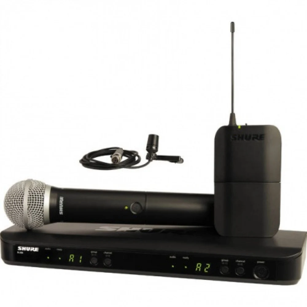 Микрофонная система SHURE [BLX1288E/CVL-M17] беспроводная, двухканальная, с ручным передатчиком PG58 и петличным микрофоном CVL-B/C. Частота UHF 662-686 МГц