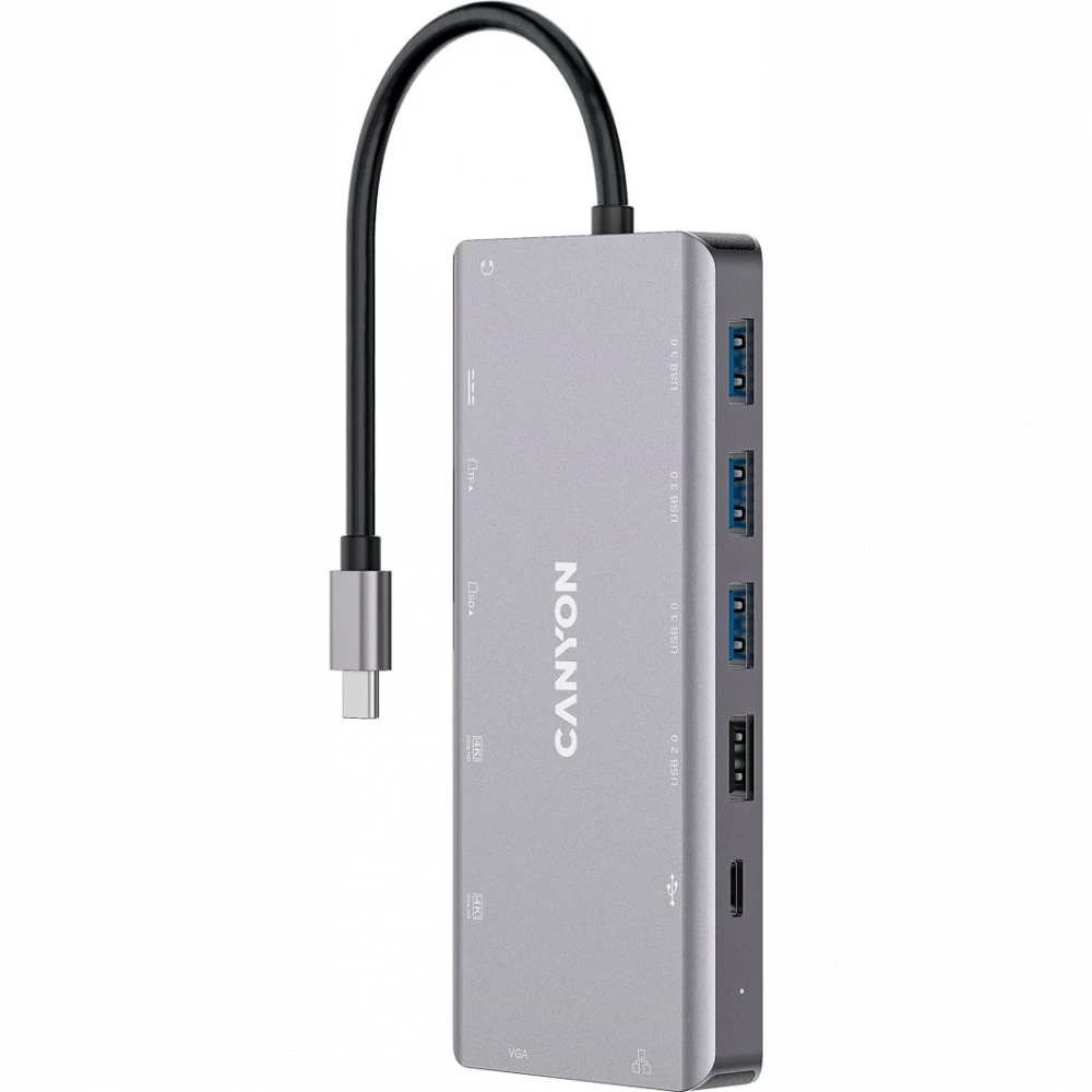 CANYON DS-12, 13 in 1 USB C hub, with 2*HDMI, 3*USB3.0: support max. 5Gbps, 1*USB2.0: support max. 480Mbps, 1*PD: support max 100W PD, 1*VGA,1* Type C data, 1*Glgabit Ethernet, 1*3.5mm audio jack, c