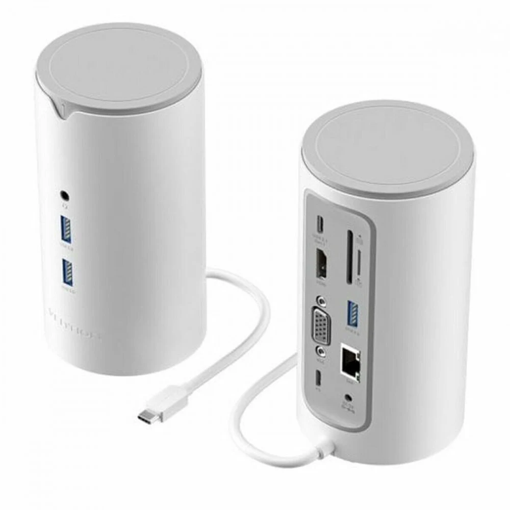 Докстанция Vention TPHWC-EU &lt USB-C to HDMI/VGA/USB 3.1 Gen 1-C/USB 3.0x3/RJ45/SD/TF/TRRS 3.5mm/PD/DC Docking Station 0.25M White Vertical Type EU Standard&gt