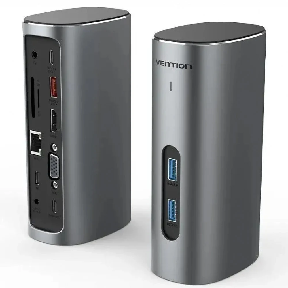 Vention USB-C to HDMI/VGA/USB 3.1 Gen 2/USB 3.1 Gen 2-C/USB 3.0x2/RJ45/SD/TF/TRRS 3.5mm/PD/DC Docking Station Gray Vertical Aluminum Alloy Type EU Standard