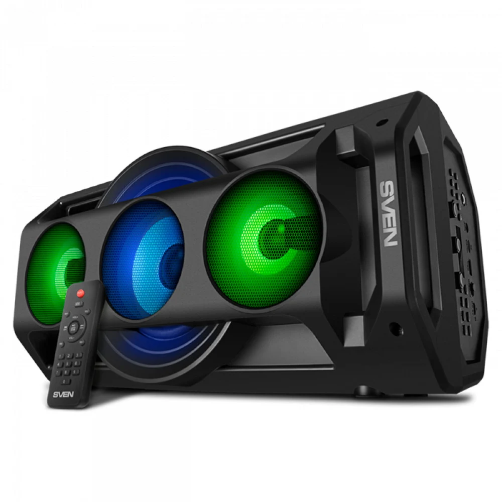 Мобильные колонки Sven PS-680 2.0 чёрные (2x32.5W, mini Jack, USB, Bluetooth, FM, micro SD, LED-дисплей, ПДУ, 2 x 4400 мA, LED подсветка)