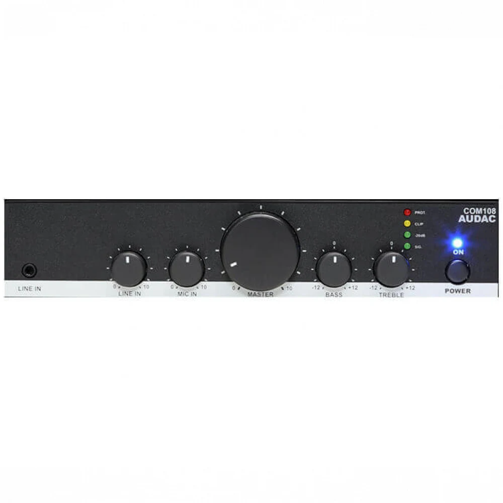 AUDAC Усилитель-микшер COM108, Микшер Усилитель 80 Вт, 100-V/4 ом, компактных размеров, класс D. Линейный стерео вход, Балансный микрофонный вход совместим с конденсаторными микрофонами, используя в