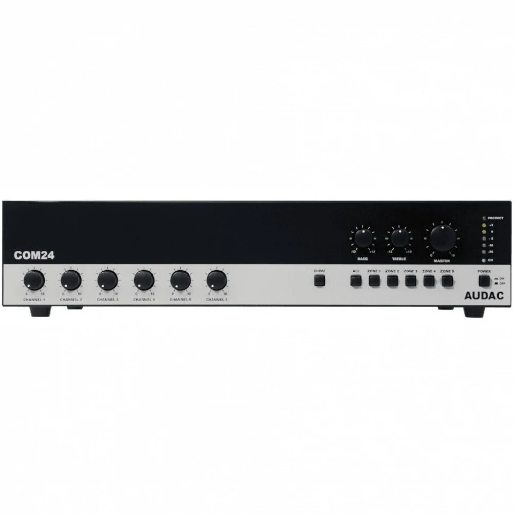 AUDAC Усилитель-микшер COM24MK2, Микшер-усилитель 240 Вт, 100-V/4 ом, 6 входных каналов, индивид. контроль уровня. 4 балансных микрофонных входа (XLR) с фантомным питанием (15 В), 2 приоритетных. Ре