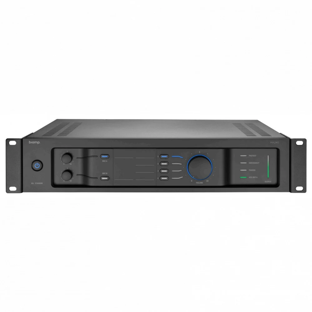Усилитель BIAMP [MA240] (APART) 1-канальный, микширующий: 240Вт (4Ом/100В). Вх.:3xEuroblock(3-pin) 4хRCA.1хприоритетный("сухие контакты").Вых.:Euroblock. 2U.