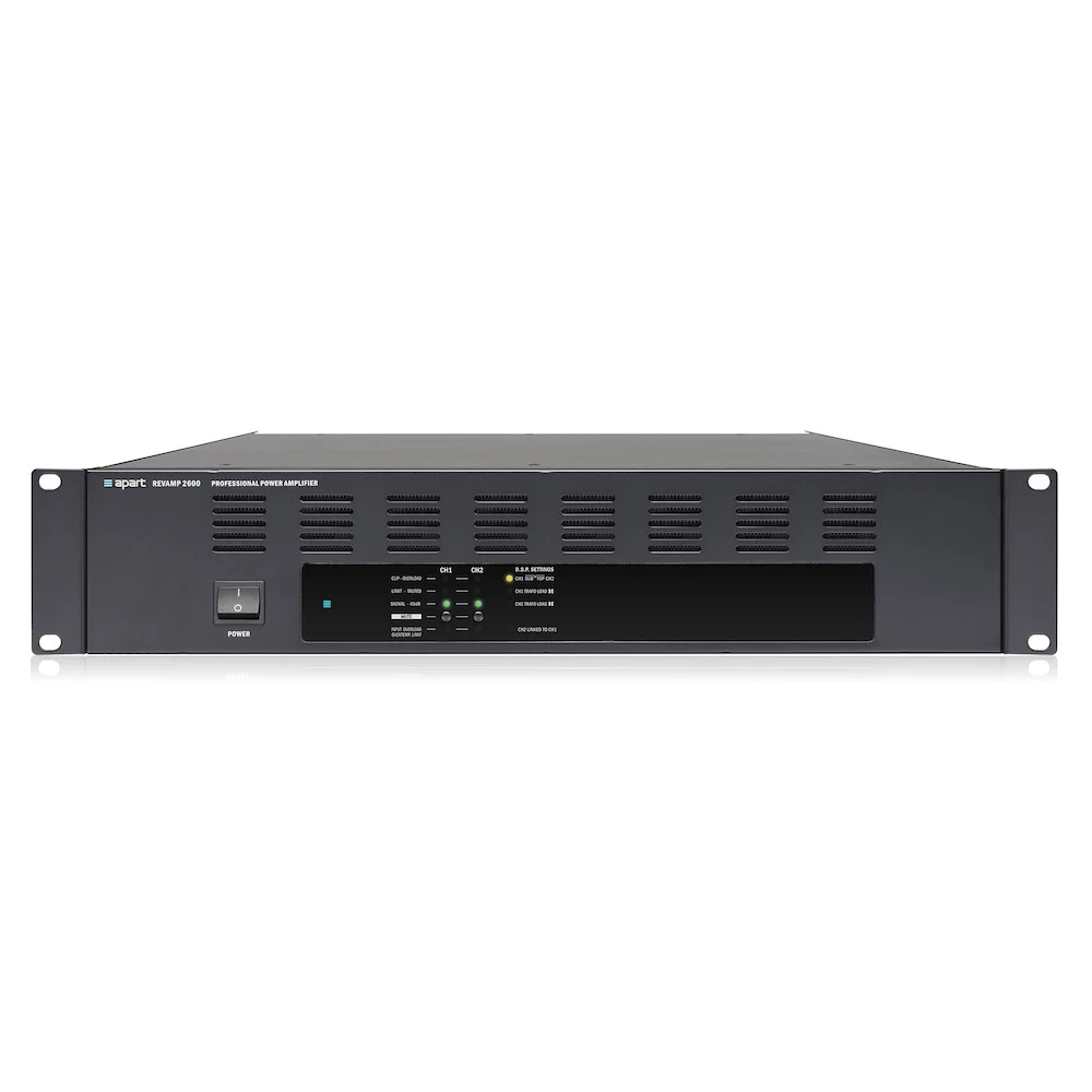 Усилитель BIAMP [REVAMP2600] (APART) 2-канальный (DSP + 9 пресетов): 2 х 840Вт /4Ом 2 х 420Вт /8Ом. Вх.: 2 х XLR/ 2 х Euroblock/ 2 x 2RCA. Вых.:2 x Euroblock / 2 х SpeakON. 2U.