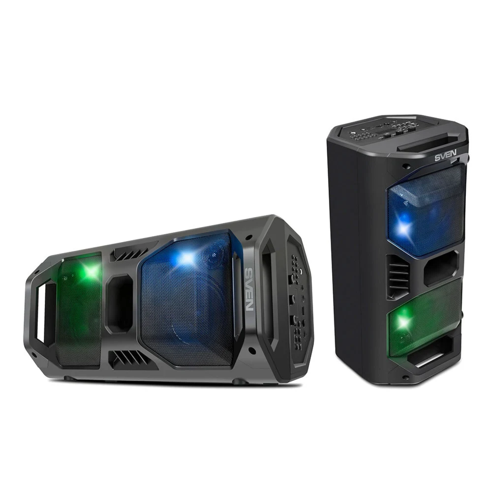 SVEN PS-600, черный, акустическая система (2.0, мощность 2x25 Вт (RMS), Bluetooth, FM, USB, microSD, LED-дисплей, встроенный аккумулятор)