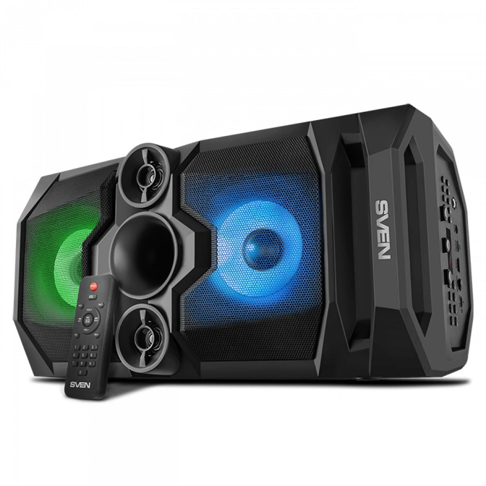 Мобильные колонки SVEN PS-655 2.0 чёрные (2x25W, mini Jack, USB Type-C, USB flash, Bluetooth, FM, micro SD, ПДУ, LED экран, 4400 мA, RGB подсветка)