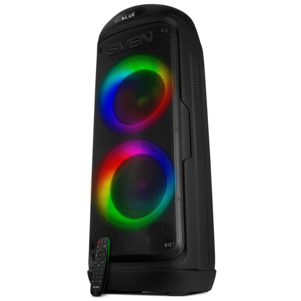 Мобильные колонки SVEN PS-770 2.0 чёрные (2x50W, mini Jack, USB, Bluetooth, FM, micro SD, NFC, LED-дисплей, ПДУ, 4400 мA, LED подсветка)