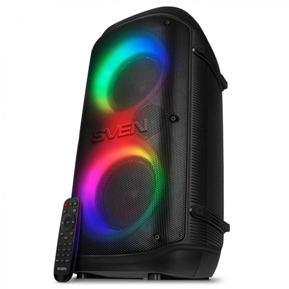 Мобильные колонки SVEN PS-800 2.0 чёрные (2x50 W, mini Jack, 2 х 6.35 мм Jack, USB, NFC, Bluetooth, FM, micro SD, ПДУ, 2 x 4400 мA, LED подсветка)