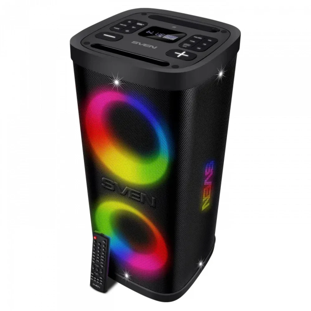 SVEN PS-950 2.0 Мобильные колонки чёрные (2x80 W, IPx4, mini Jack, 2 х 6.35 мм Jack, USB, NFC, Bluetooth, FM, micro SD, ПДУ, 2 x 4400 мA, LED подсветка)