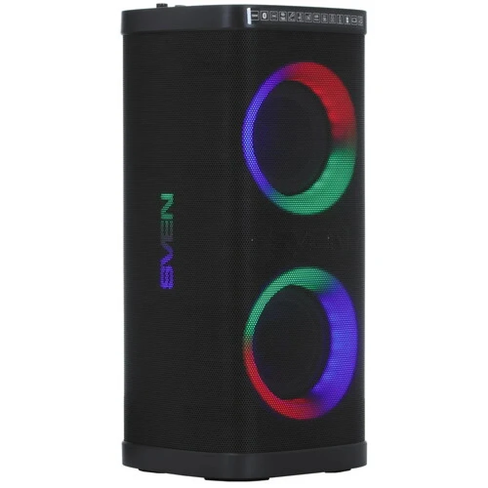 Мобильные колонки SVEN PS-930 2.0 чёрные (2x75 W, mini Jack, 2 х 6.35 мм Jack, USB, Bluetooth, FM, micro SD, ПДУ, 7200 мA, LED подсветка)