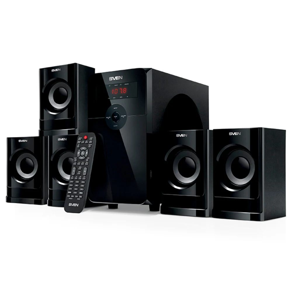 SVEN HT-201 5.1 колонки чёрные (5x12W, 1x20W, Bluetooth, ПДУ, LED-дисплей, FM-радио, USB-flash, SD-card)