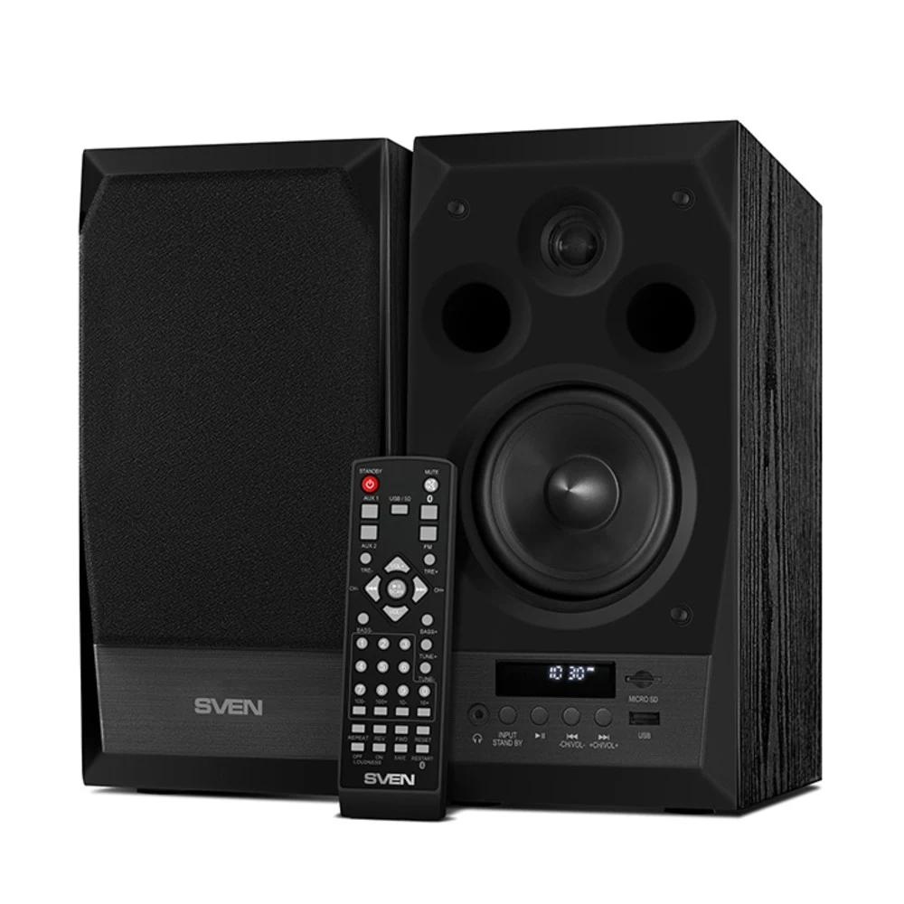 SVEN MC-10, чёрный, акустическая система 2.0, мощность 2x25Вт (RMS), FM-тюнер, USB/microSD, дисплей, пульт ДУ, Bluetooth