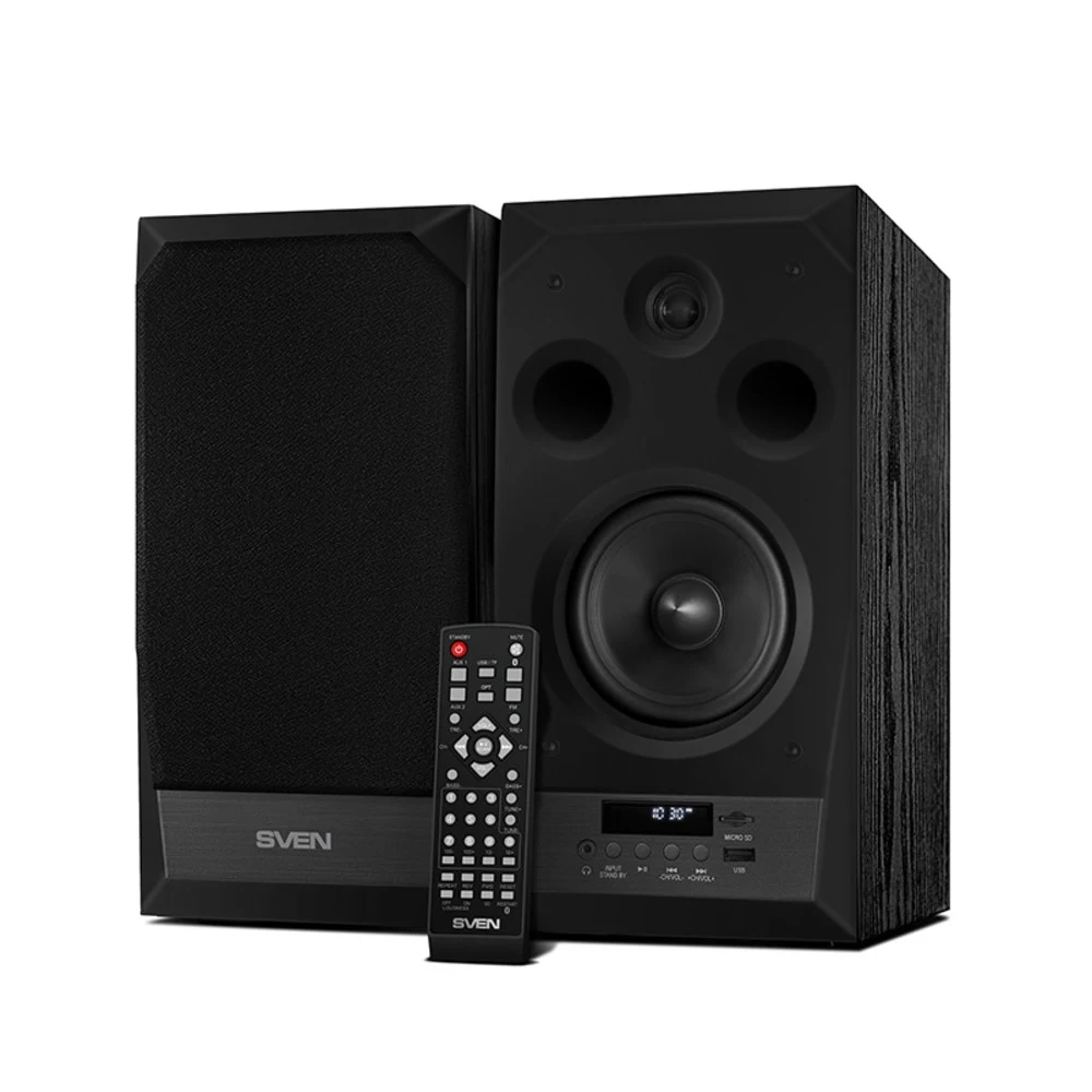 SVEN MC-20, чёрный, акустическая система 2.0, мощность 2x45Вт (RMS), FM-тюнер, USB/microSD, дисплей, пульт ДУ, Bluetooth, Optical