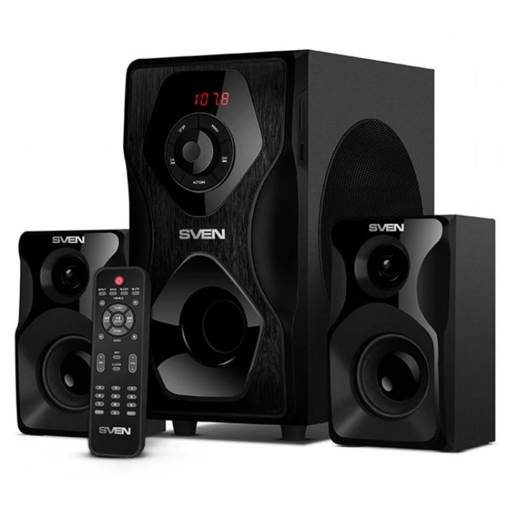 SVEN MS-2055, чёрный, акустическая система 2.1, мощность (RMS):30Вт + 2x12.5 Вт, FM-тюнер, USB/SD, дисплей, пульт ДУ, Bluetooth