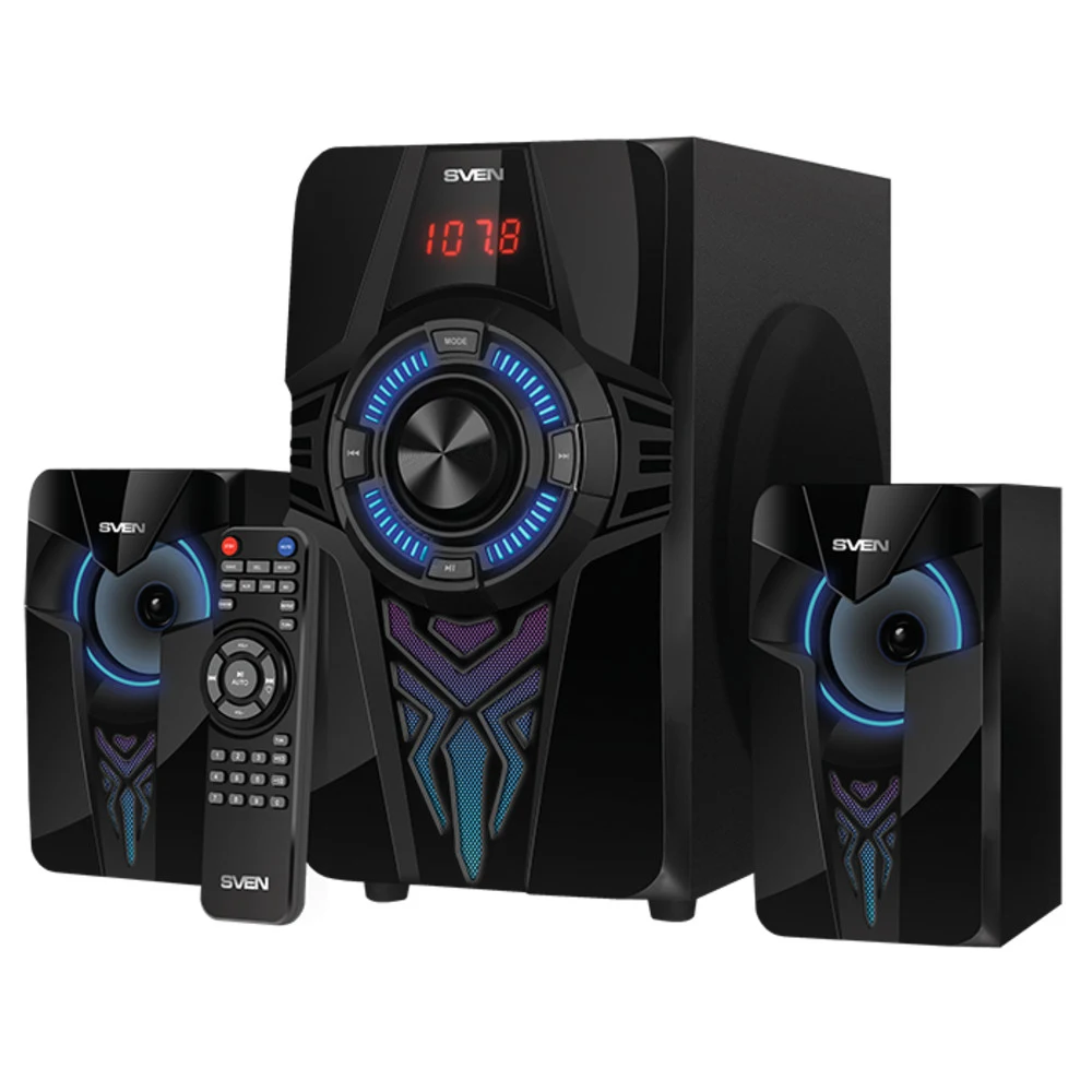 SVEN MS-2070, чёрный, акустическая система 2.1, мощность (RMS):30Вт + 2x15 Вт, FM-тюнер, USB/SD, дисплей, пульт ДУ, Bluetooth