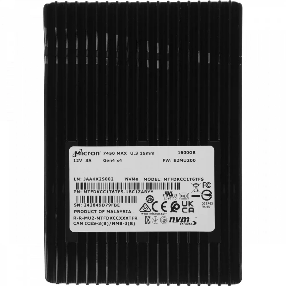 Твердотельный накопитель Micron 7450 MAX 1.6TB NVMe U.3 (15mm) PCIe NVMe Gen4 1x4 (v1.4) R6800/W2700MB/s 3D TLC MTTF 2М 800K/250K IOPS 8700TBW SSD Enterprise Solid State Drive, 1 year, OEM