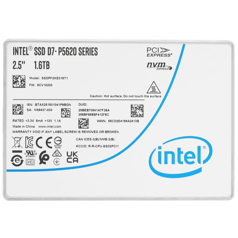 Серверный SSD Intel D7-P5620 Series, 1600GB, U.2(2.5" 15mm), NVMe, PCIe 4.0 x4, TLC, R/W 5300/1900MB/s, IOPs 700 000/200 000, TBW 8750, DWPD 3 (12 мес.) [SSDPF2KE016T1N1]