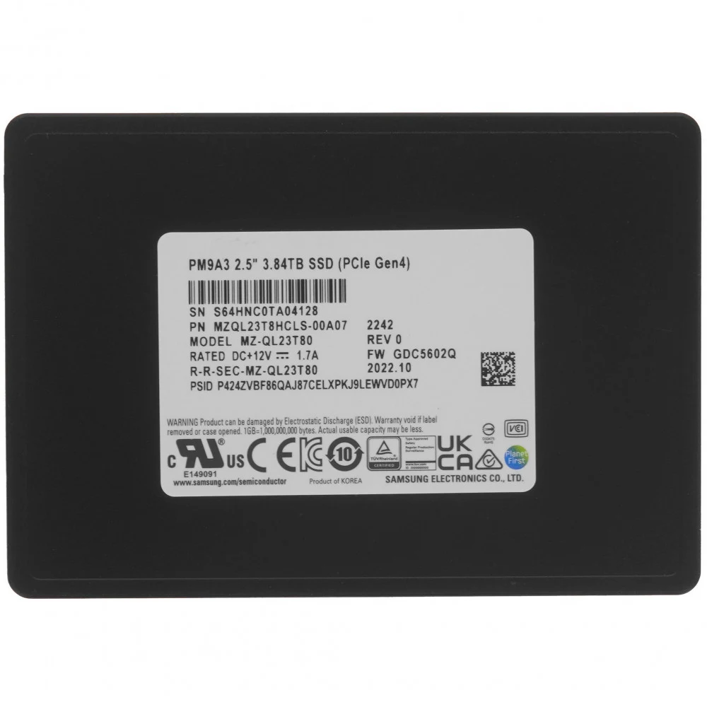 Твердотельный накопитель Samsung Enterprise SSD, 2.5"(SFF/U.2) 7mm, PM9A3, 3840GB (3.84TB), NVMe PCIe 4.0 (1x4), R6900/W4100Mb/s, IOPS(R4K) 1000K/180K, MTBF 2M, 1DWPD/5Y, TBW 7008TB, OEM, (repl. MZQ