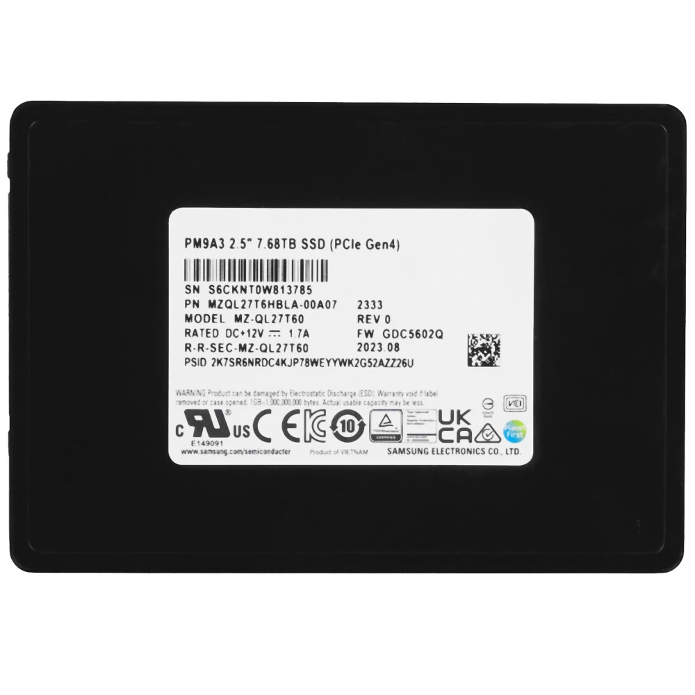Твердотельный накопитель Samsung Enterprise SSD, 2.5"(SFF/U.2) 7mm, PM9A3, 7680GB (7.68TB), NVMe PCIe 4.0 (1x4), R6700/4000W Mb/s, IOPS(R4K) 1000K/200K, MTBF 2M, 1DWPD/5Y, TBW 14016TB, OEM, (repl. M