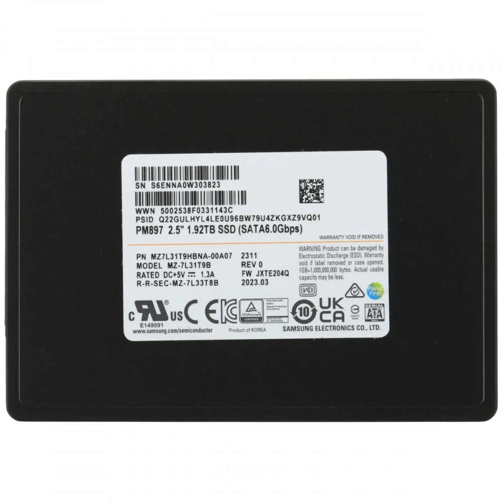 Твердотельный накопитель Samsung Enterprise SSD, 2.5"(SFF) 7mm, PM897, 1920GB (1.92TB), SATA 3, 6Gbps R560/W530Mb/s, IOPS(R4K) 97K/60K, V6 TLC, MTBF 2M, 3DWPD/5Y, TBW 10512TB, OEM (repl. MZ7KH1T9HAJ