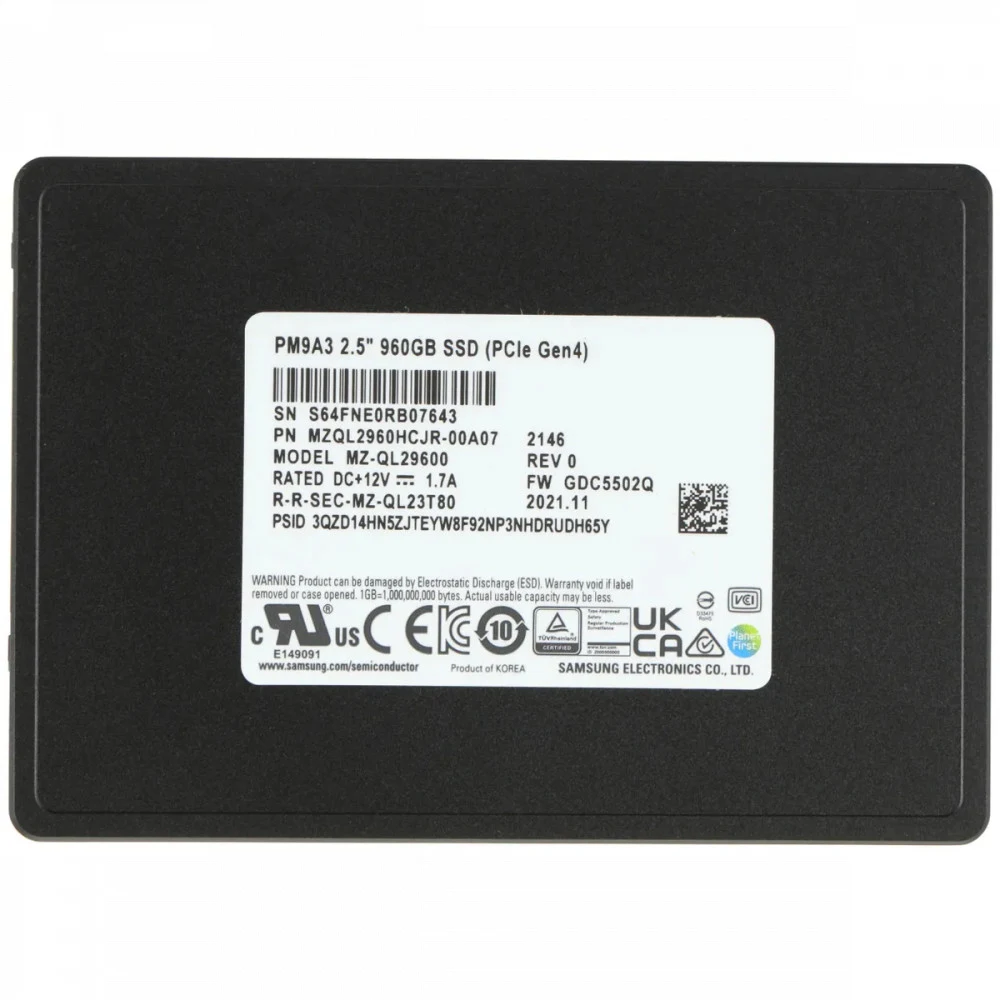 Твердотельный накопитель Samsung Enterprise SSD, 2.5"(SFF/U.2) 7mm, PM9A3, 960GB, NVMe PCIe 4.0 (1x4), R6500/W1500Mb/s, IOPS(R4K) 580K/70K, MTBF 2M, 1DWPD/5Y, TBW 1752TB, OEM, (repl. MZQLB960HAJR-00