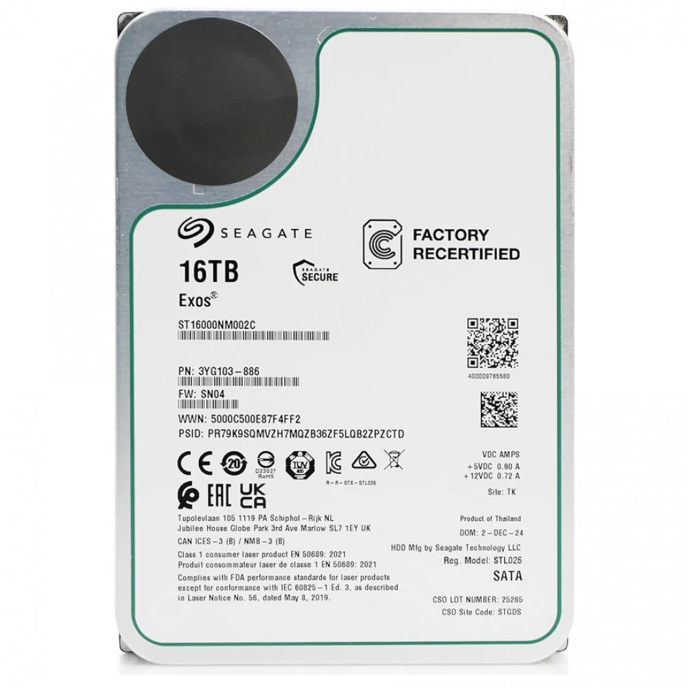 Жесткий диск/ HDD Seagate SATA 16Tb Exos 6Gb/s 7200 512Mb OFFICIAL RECERTIFIED MTBF - 2.5M hrs 1 year warranty (replacement ST16000NM001G, ST16000NM000J, MG08ACA16TE, MG09ACA16TE, MG11ACA16TE, WUH72