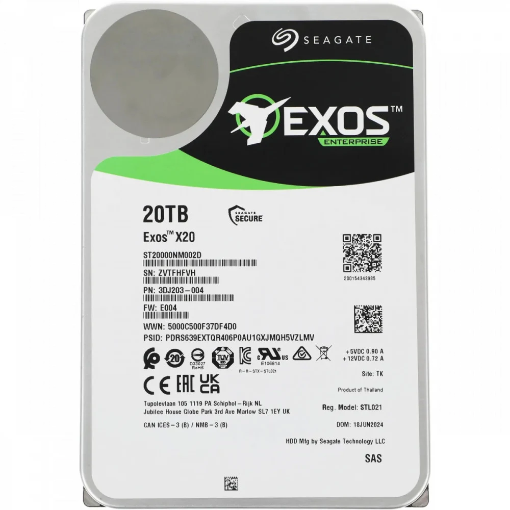 Жесткий диск/ HDD Seagate SATA3 20Tb Exos X24 7200 256Mb (replacement ST20000NM007D) 1 year warranty