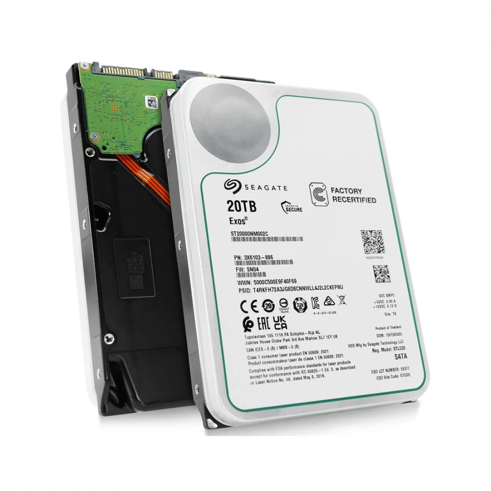 Жесткий диск/ HDD Seagate SATA3 20Tb Exos 7200 RPM 512Mb OFFICIAL RECERTIFIED MTBF - 2.5M 1 year warranty (replacement ST20000NM007D, ST20000NM002H, MG10ACA20TE)