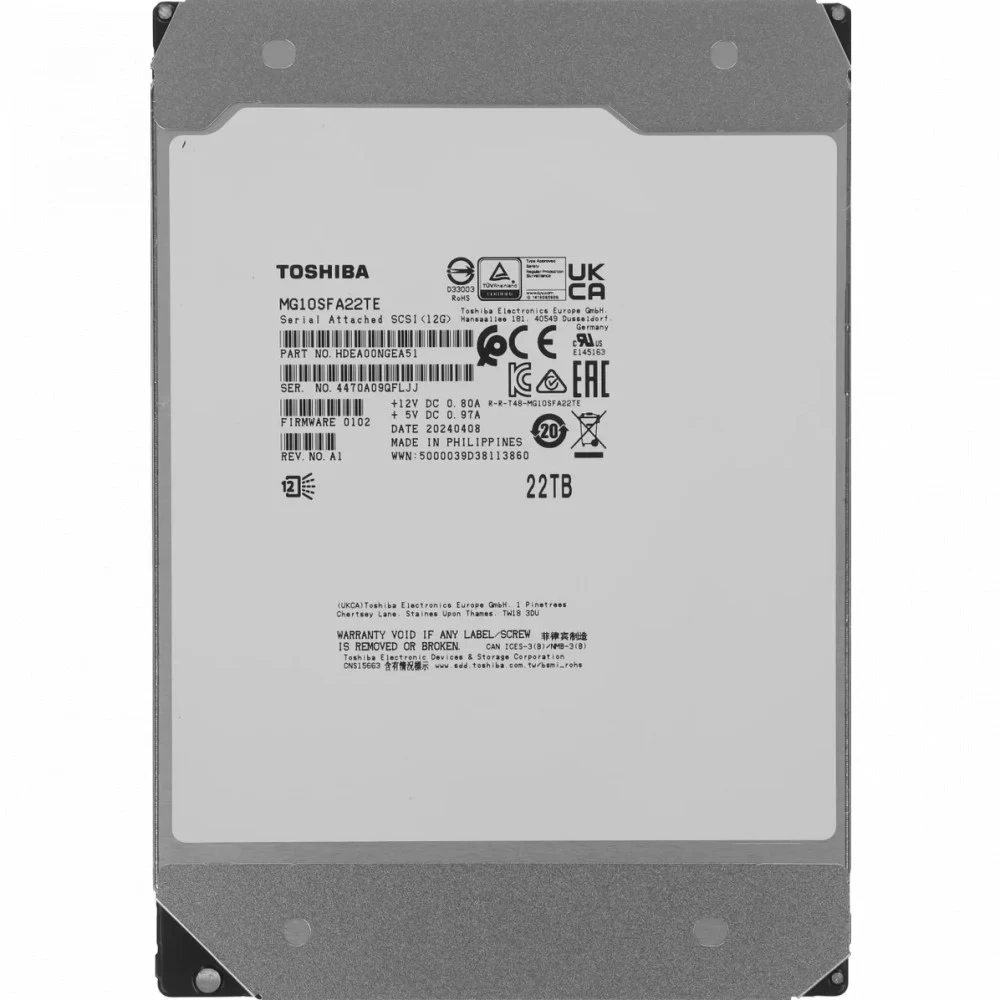 Жесткий диск/ HDD Toshiba SAS 22Tb 3.5"" Server 7200 12Gbit/s 512Mb 1 year warranty (replacement MG10SCA20TE, MG11SCA20TE)