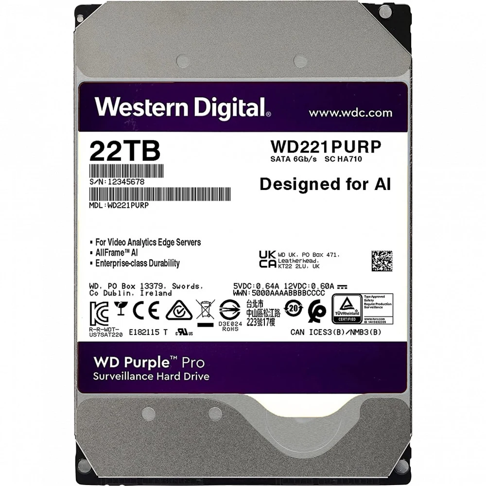 Жесткий диск Western Digital Purple PRO WD221PURP 22TB 3.5" 7200 RPM 512MB SATA-III All Frame AI для систем видеонаблюдения