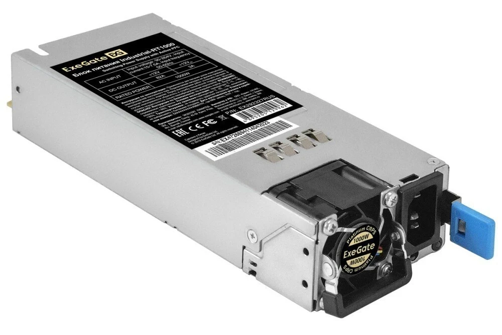 Серверный блок питания Redundant CRPS 1000W ExeGate Industrial-RT1000 (CRPS, ШВГ = 73.5x40x185 мм, APFC+Half bridge (LLC)+DC-DC, КПД 94% 80 PLUS Platinum, 4 cm fan, RTL)