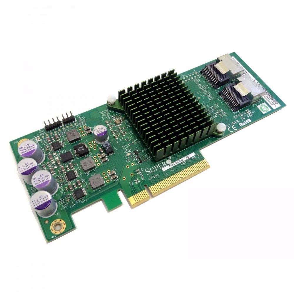 AOC-S3008L-L8E Broadcom 3008 SAS controller, 8-port (internal), 12Gb/s per port, Automatically negotiates PCI-E (1.x, 2.x and 3.x) link • Broadcom 3008 SAS controller • 8-port (internal), 12Gb/s per