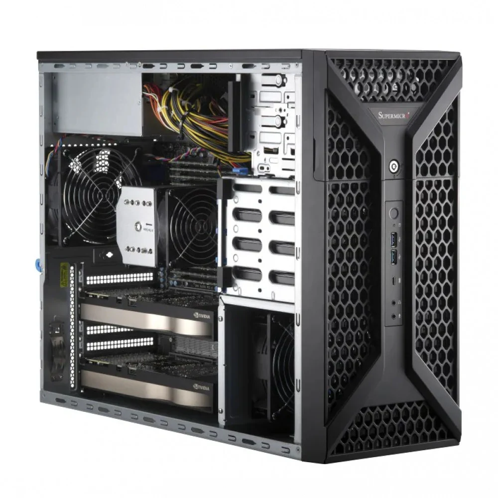 Supermicro server SYS-531A-I UP mid-tower workstation for 3D and VR content development, Intel W790, 8 DIMMs, 1x 1GbBaseT, 1x 10GbBaseT, 4 3.5" SATA3 drive bays  2 M.2 NVMe, 1200W PWS, 1 120 mm Fan(