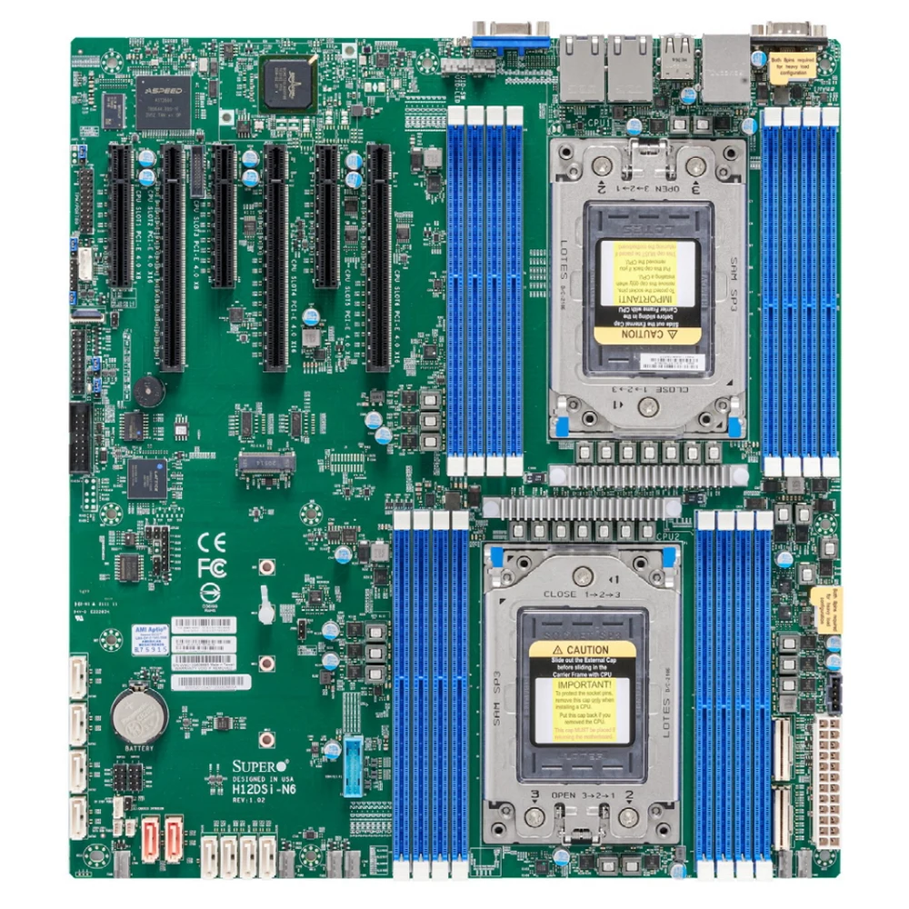 Supermicro mainboard server MBD-H12DSi-N6-B, Dual AMD EPYC 7003/7002 Series CPUs, 4TB Registered ECC DDR4 3200MHz SDRAM in 16 DIMMs, 10 SATA3, 2 SATADOM, 4 NVMe, Dual Gigabit LAN ports, 1 dedicated