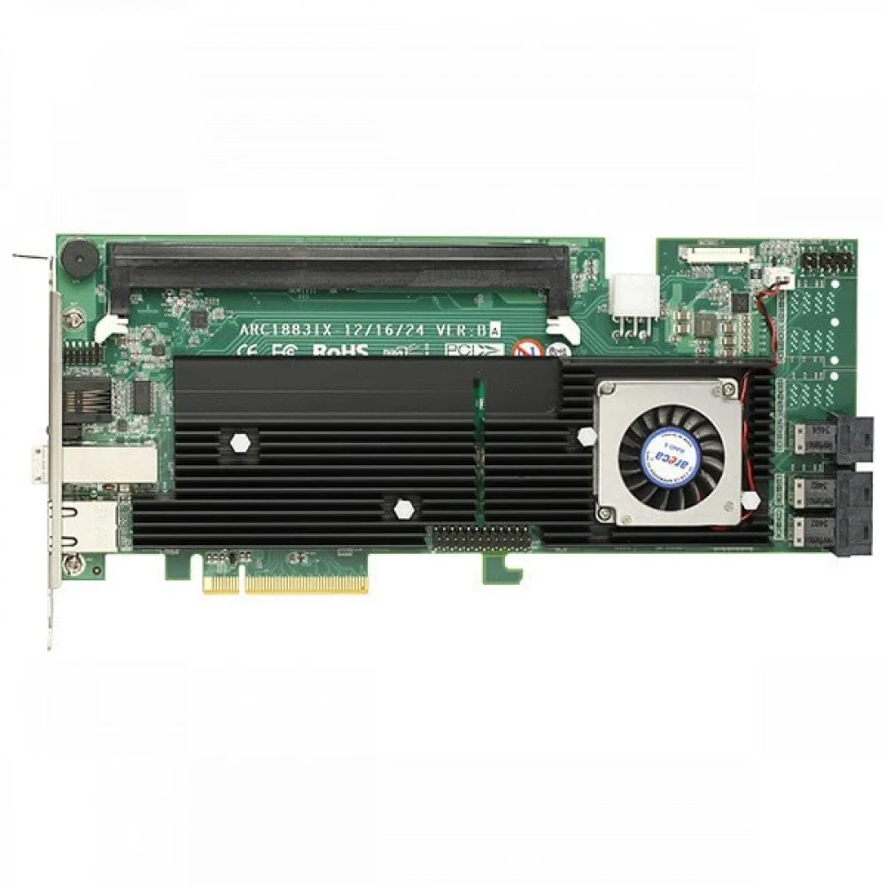RAID-контроллер Areca ARC-1883ix-12 PCIe 3.0 x8 Full Profile, SAS/SATA 12G, RAID 0,1,5,6,10,50,60, 16port (3*int SFF8643 + 1*ext SFF8644), Cache 2GB (up to 8GB), RTL {5} (411338)