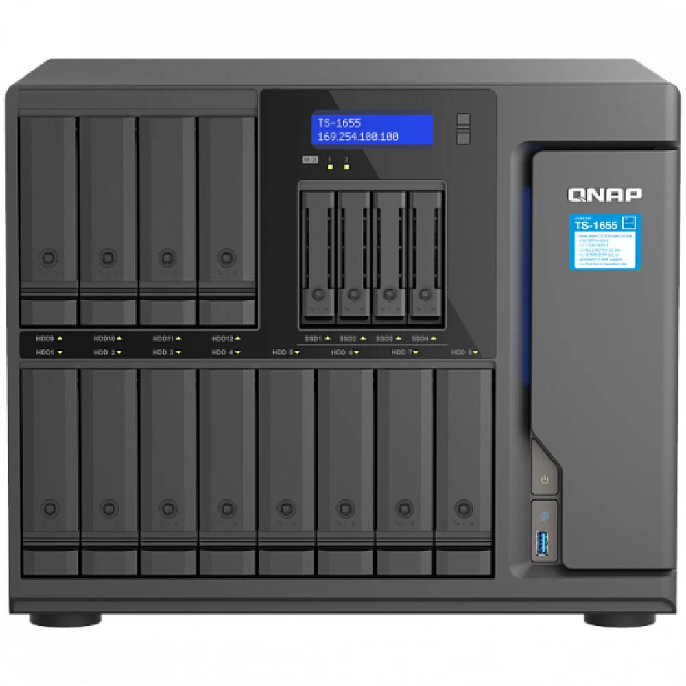 Сетевое хранилище без дисков/ SMB QNAP TS-1655-8G NAS 16-Bay (12x 3.5"/2.5" HDD/SSD bays + 4x 2.5" SSD bays + 2x M.2 2280 SATA slots), Intel Atom C5125 8-core processor, 2.8GHz, 8 GB DDR4 (1 x 8 GB)