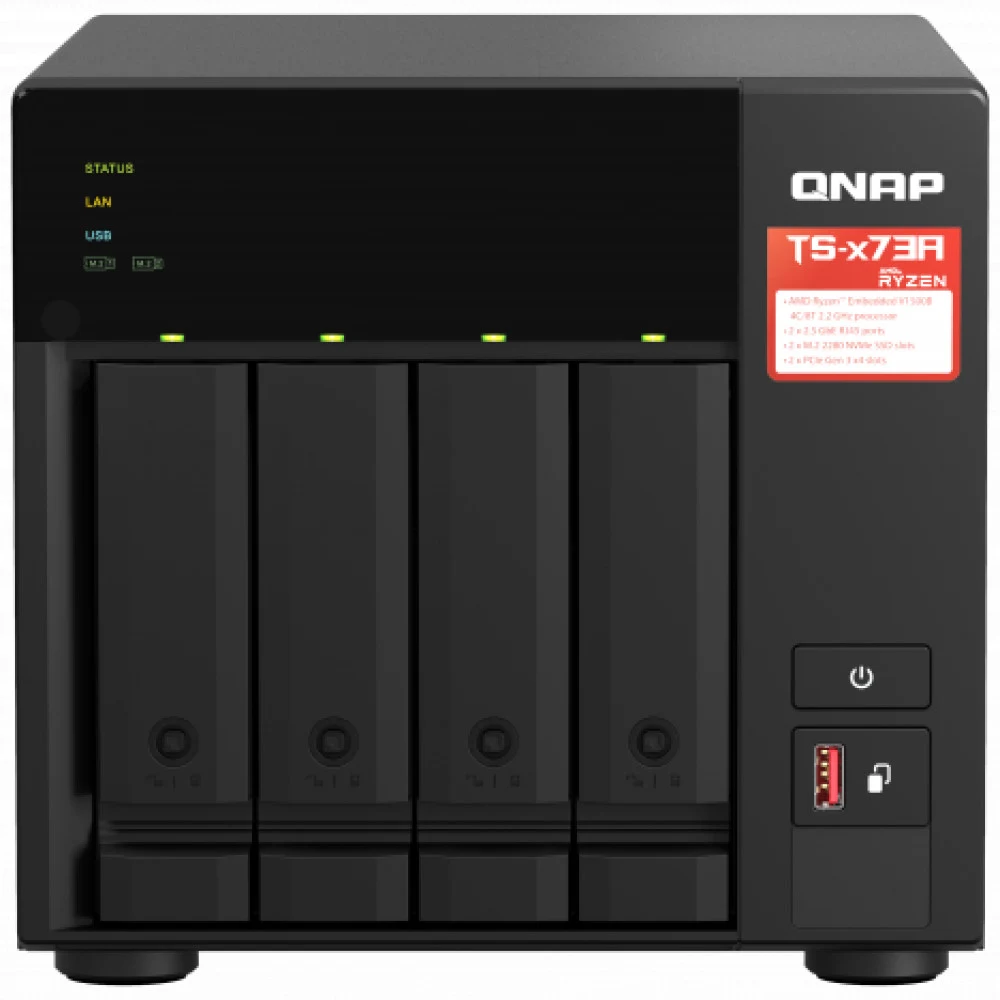 Сетевое хранилище без дисков QNAP SMB TS-473A-8G NAS, 4-tray w/o HDD, 2xM.2 SSD Slot. Quad-сore AMD Ryzen Embedded V1500B 2.2 GHz, 8GB DDR4 (1 x 8GB) up to 64GB (2 x 32GB), 2x 2.5 Gigabit LAN [TS-47