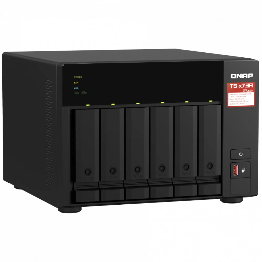 Сетевое хранилище без дисков/ SMB QNAP TS-673A-8G NAS, 6 trays 3,5"/2,5", 2x2,5 GbE BASE-T, 2 x M.2 NVMe 2280 slots, quad-core AMD Ryzen V1500B 2,2 GHz, 8 GB SO-DIMM DDR4 (1 x 8 GB) up to 64GB (2x32