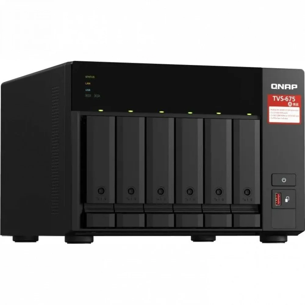 Сетевое хранилище без дисков/ SMB QNAP TVS-675-8G NAS, 6-tray w/o HDD, 2xM.2 SSD Slot, 1xHDMI-port. CPU 8-сore 64-bit x86 KX-U6580 2.5 GHz , 8GB DDR4 (1 x 8GB) up to 64GB (2 x 32GB), 2x 2.5 Gigabit