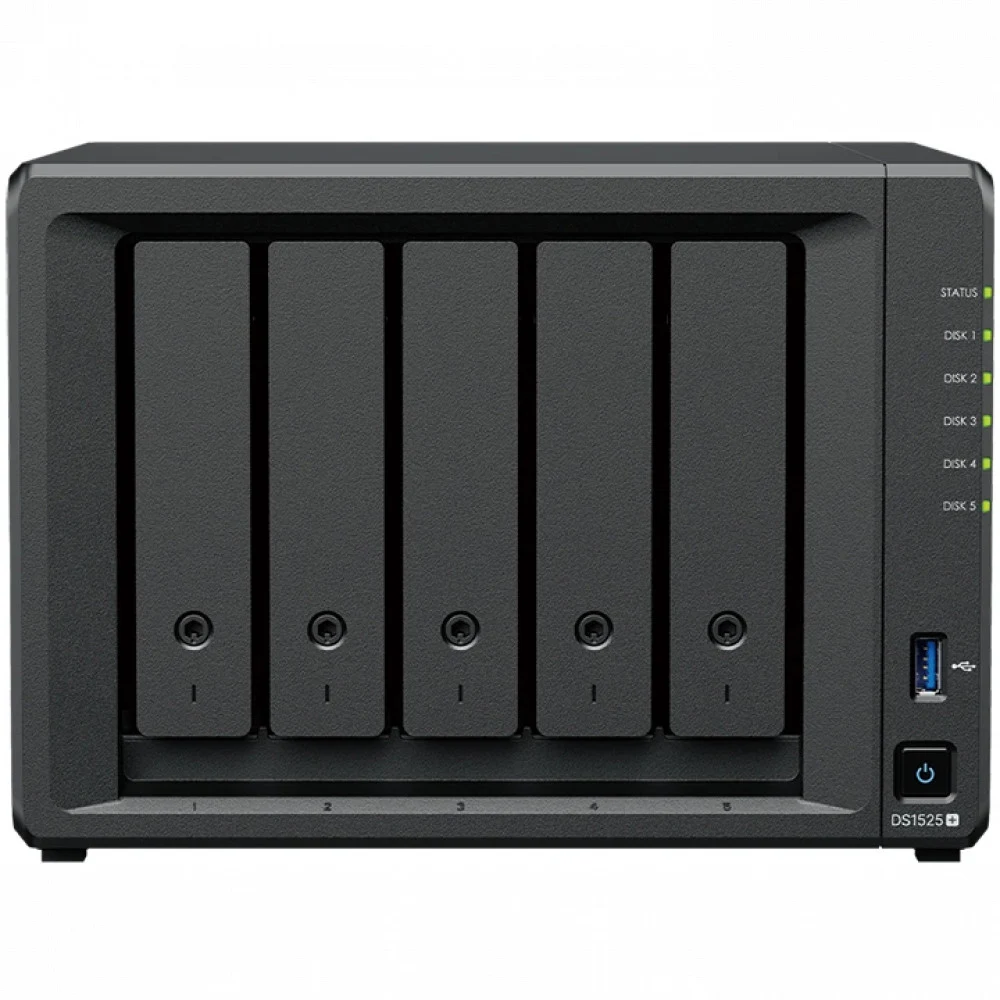Система хранения данных Synology QC 2,2GhzCPU/8Gb(32)/RAID0,1,10,5,6/ 5HP HDD SATA(3.5', 2.5')upto 15 HDD (2xDX525)/2xM.2/2xUSB3.2/2x2.5GbE/iSCSI/(1xExp.)/1xPS/1YW repl DS1522+