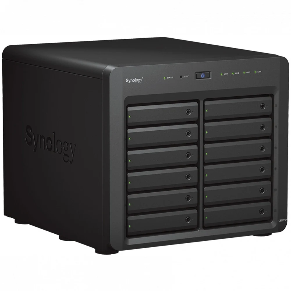 Synology 6C2,2GhzCPU/2x8Gb(up to 48)/RAID0,1,10,5,6/up to 12hot plug HDDs SATA(3,5' or 2,5') (up to 36 with 2xDX1222)/2xUSB3.0/2GigEth(2x10Gb)/iSCSI/2xIPcam(up to 90)/1xPS/5YW