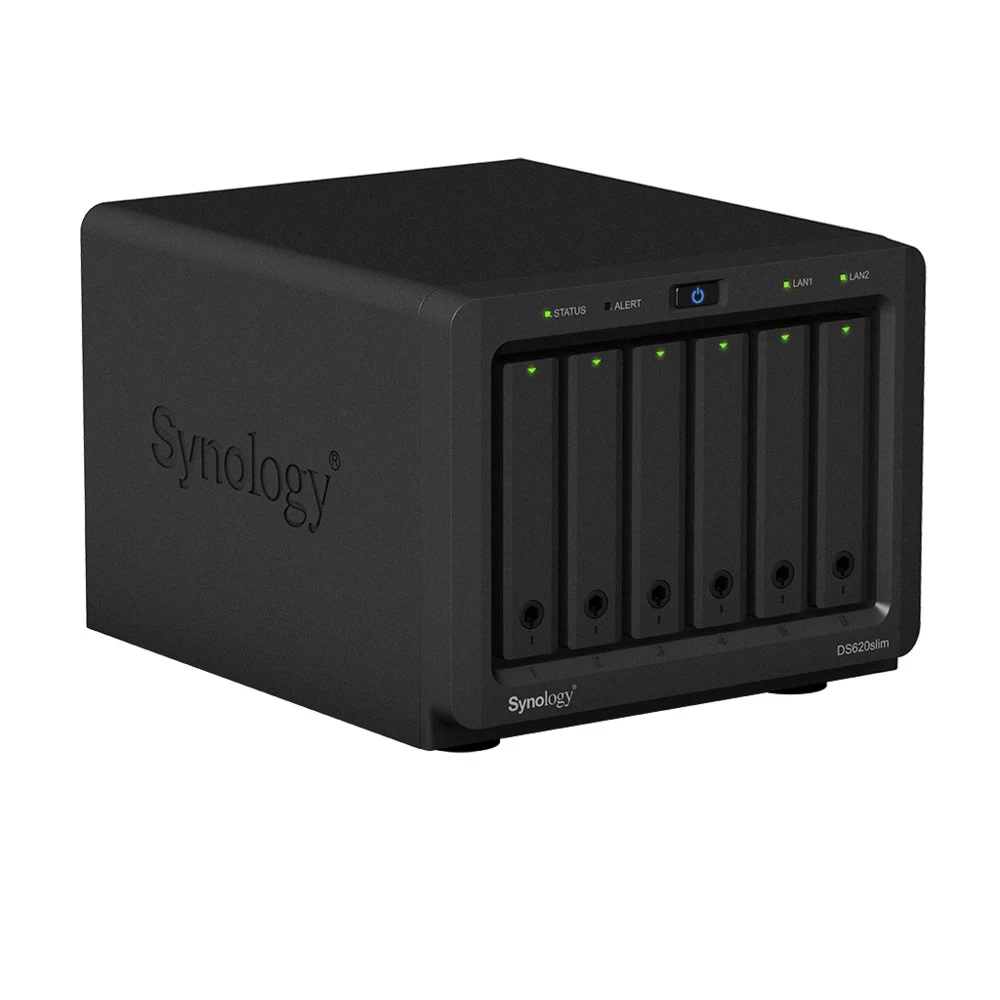 Synology DS620slim Сетевое хранилище DC2,0GhzCPU/2Gb(upto6)/RAID0,1,10,5,6/up to 6HDDs SATA 2,5'/2xUSB 3.0/2xGigEth/iSCSI/2xIPcam(up to 25)/ 1xPS/2YW