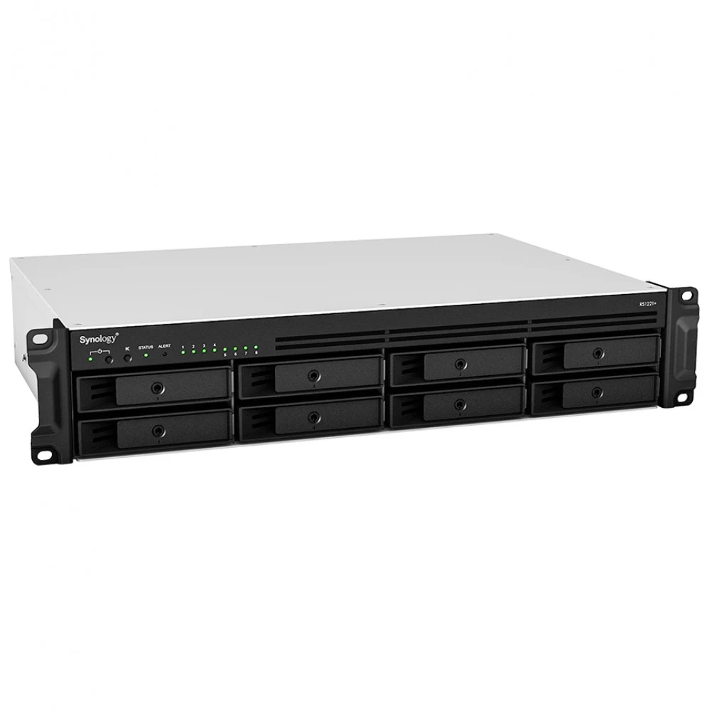 Synology RS1221+ Сетевое хранилище QC2.2GHzCPU/4GbDDR4(upto32)/RAID0,1,5,6,10/upto 8 hot plug HDDs SATA(3,5'or2,5')(upto 12 with RX418)/2xUSB3.2/1eSATA/iSCSI/4xGbE(+1Expslot)/2xIPcam(upto 40)