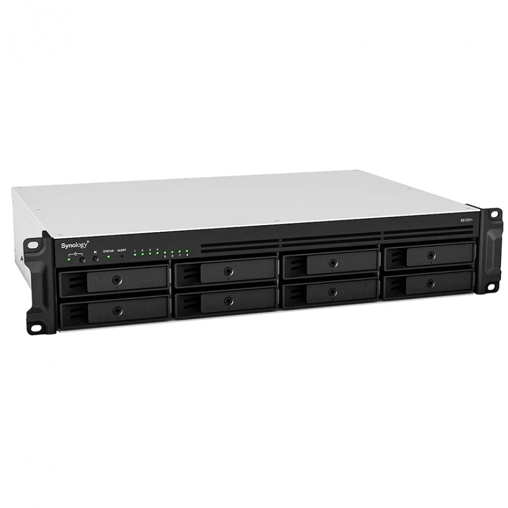 Synology RS1221RP+ Сетевое хранилище QC2.2GHzCPU/4GbDDR4(upto32)/RAID0,1,5,6,10/upto 8 hot plug HDDs SATA(3,5'or2,5')(upto 12 with RX418)/2xUSB3.2/1eSATA/iSCSI/4xGbE(+1Expslot)/2xIPcam(upto 40)/2xPS