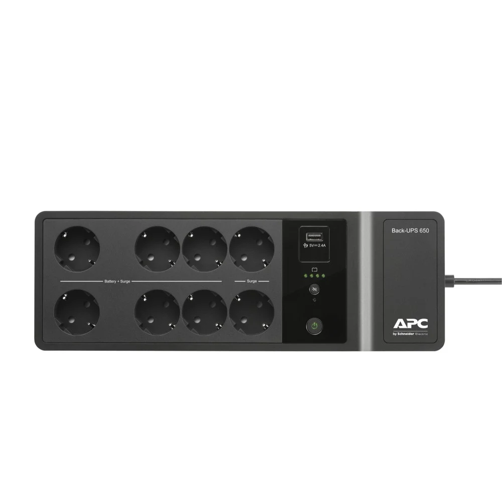 ИБП APC Back-UPS 650ВА, 400ватт, 230В, 6 розеток с батарейной защитой и 2 с сетевой фильтрацией, порт для зарядки USB Type-C and A, черный/ Back-UPS 650VA, 400W, 230V, 6 battery backup and 2 surge p