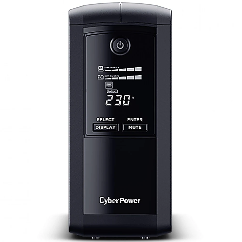 Источник бесперебойного питания, CyberPower, VP1000ELCD, Мощность 1000ВА/550Вт, VP-серия, Линейно-интерактивный, Напольный, ЖК дисплей/USB/Tel.line, Бат.1 шт., Вых: 4xSchuko , Чёрный