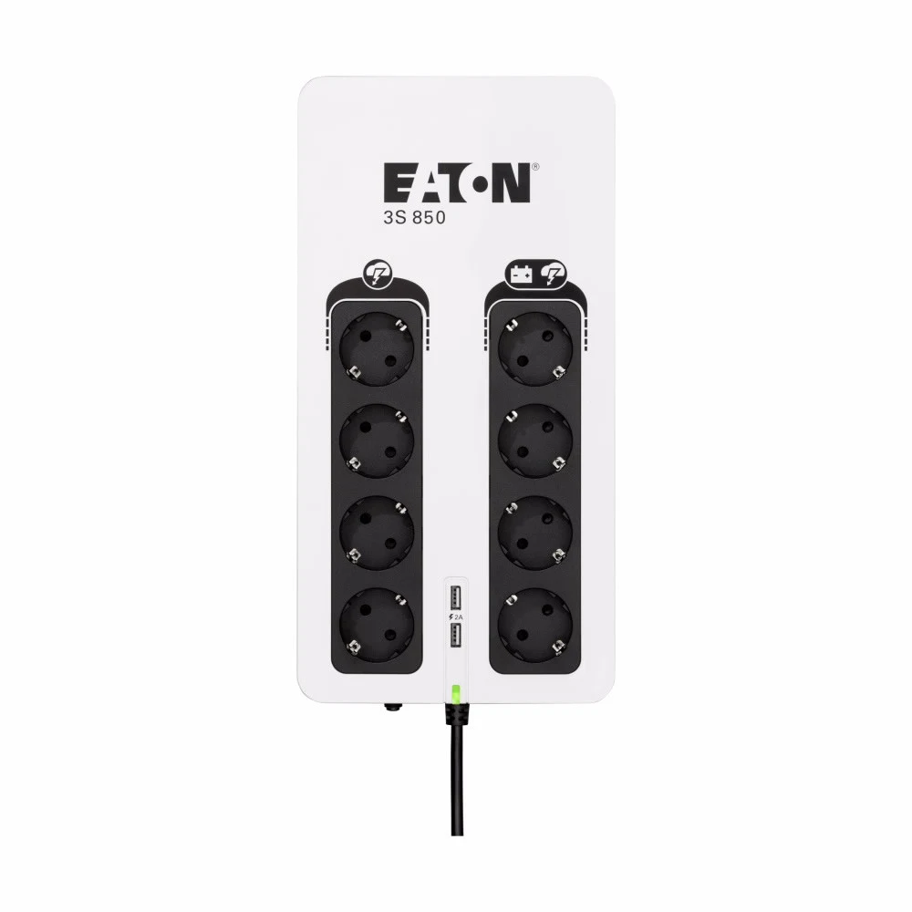 Источник бесперебойного питания, Eaton, 3S850D, Мощность 850ВА/510Вт, Диапазон работы AVR: 184-264В (с возможностью регулировки до 161-284В), Бат.: 12В/9 Ач*1шт., 8 вых.: 8 розеток Schuko (из них с